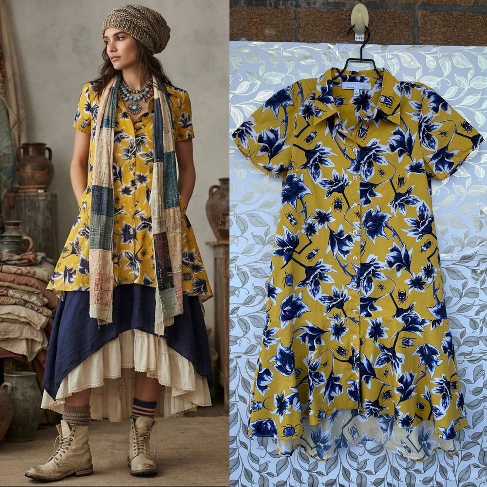 Osman Yousefzada Floral Beetle Print Shirt Dress 100% Cotton Size 6